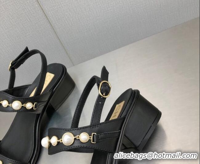 Low Cost Chanel Leather Sandals 3cm with Pearls Charm G37439 Black 080916