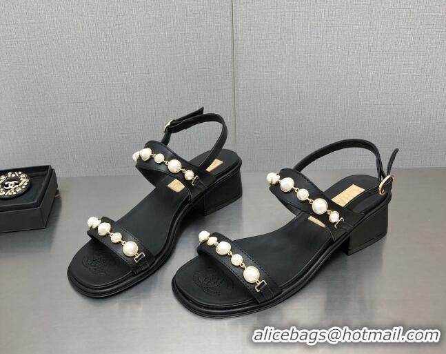 Low Cost Chanel Leather Sandals 3cm with Pearls Charm G37439 Black 080916