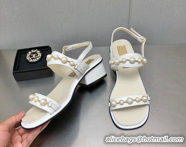 Sumptuous Chanel Leather Sandals 3cm with Pearls Charm G37439 White 080917