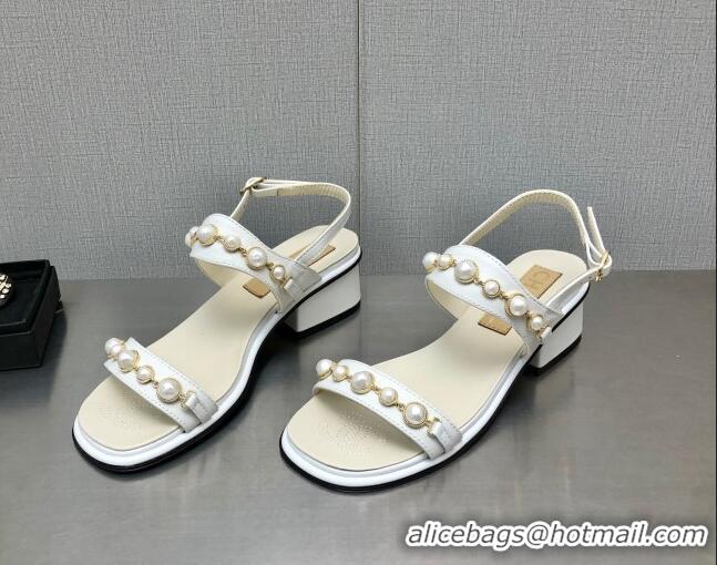 Sumptuous Chanel Leather Sandals 3cm with Pearls Charm G37439 White 080917