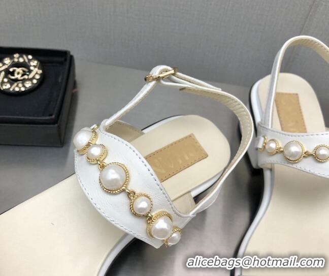 Sumptuous Chanel Leather Sandals 3cm with Pearls Charm G37439 White 080917