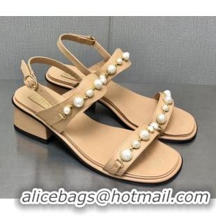 Stylish Chanel Leather Sandals 3cm with Pearls Charm G37439 Apricot 2080918