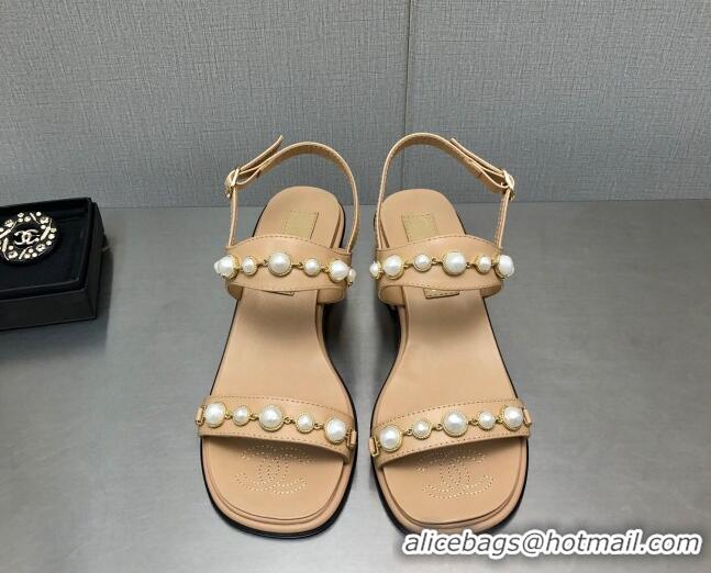 Stylish Chanel Leather Sandals 3cm with Pearls Charm G37439 Apricot 2080918