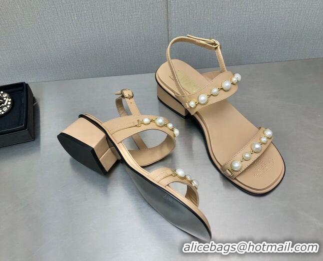 Stylish Chanel Leather Sandals 3cm with Pearls Charm G37439 Apricot 2080918