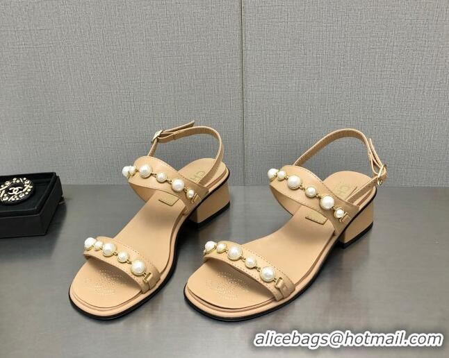 Stylish Chanel Leather Sandals 3cm with Pearls Charm G37439 Apricot 2080918