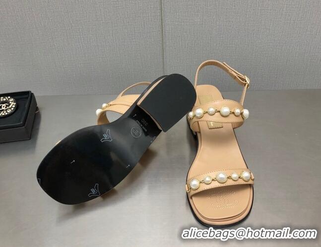 Stylish Chanel Leather Sandals 3cm with Pearls Charm G37439 Apricot 2080918