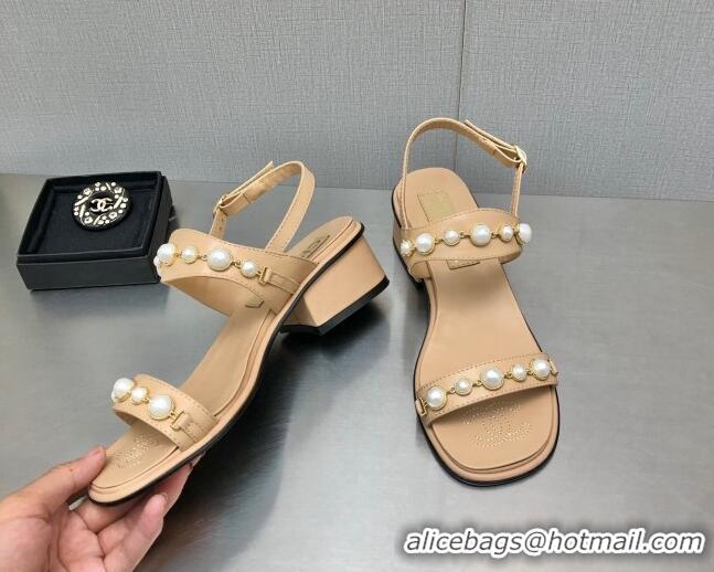 Stylish Chanel Leather Sandals 3cm with Pearls Charm G37439 Apricot 2080918