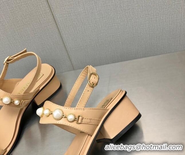 Stylish Chanel Leather Sandals 3cm with Pearls Charm G37439 Apricot 2080918