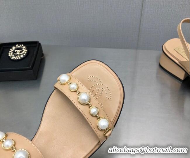 Stylish Chanel Leather Sandals 3cm with Pearls Charm G37439 Apricot 2080918