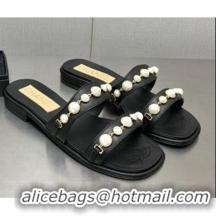 Good Looking Chanel Leather Flat Slide Sandals with Pearls Charm G37439 Black 2080919