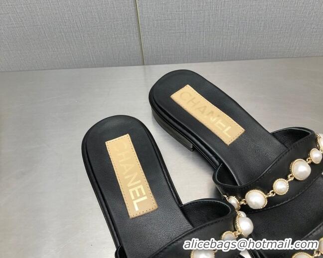 Good Looking Chanel Leather Flat Slide Sandals with Pearls Charm G37439 Black 2080919