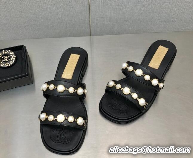 Good Looking Chanel Leather Flat Slide Sandals with Pearls Charm G37439 Black 2080919