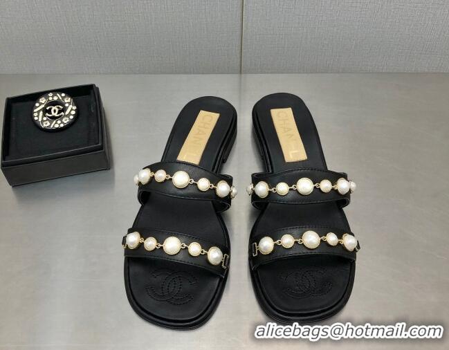 Good Looking Chanel Leather Flat Slide Sandals with Pearls Charm G37439 Black 2080919