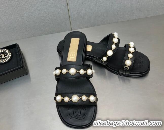 Good Looking Chanel Leather Flat Slide Sandals with Pearls Charm G37439 Black 2080919