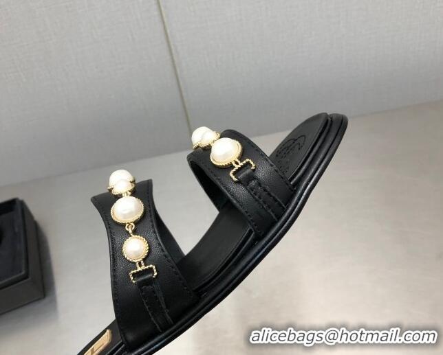 Good Looking Chanel Leather Flat Slide Sandals with Pearls Charm G37439 Black 2080919