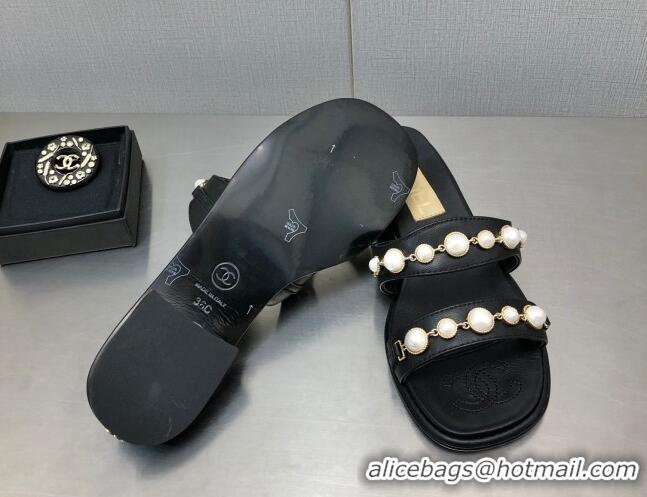 Good Looking Chanel Leather Flat Slide Sandals with Pearls Charm G37439 Black 2080919