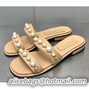 Sophisticated Chanel Leather Flat Slide Sandals with Pearls Charm G37439 Apricot 2080920