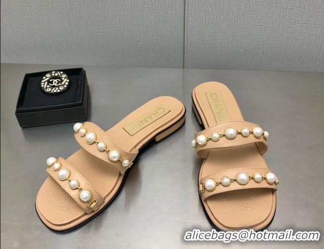 Sophisticated Chanel Leather Flat Slide Sandals with Pearls Charm G37439 Apricot 2080920