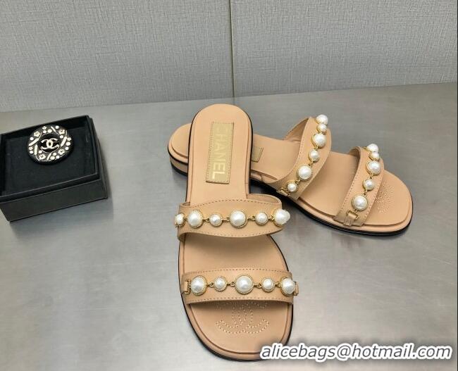 Sophisticated Chanel Leather Flat Slide Sandals with Pearls Charm G37439 Apricot 2080920