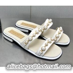 Good Quality Chanel Leather Flat Slide Sandals with Pearls Charm G37439 White