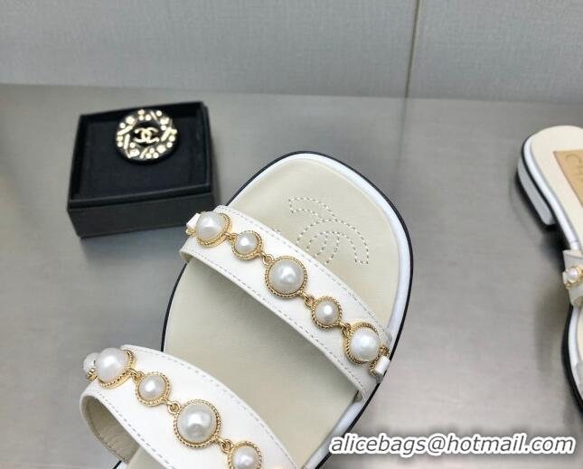 Good Quality Chanel Leather Flat Slide Sandals with Pearls Charm G37439 White