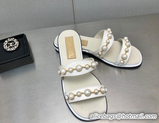 Good Quality Chanel Leather Flat Slide Sandals with Pearls Charm G37439 White