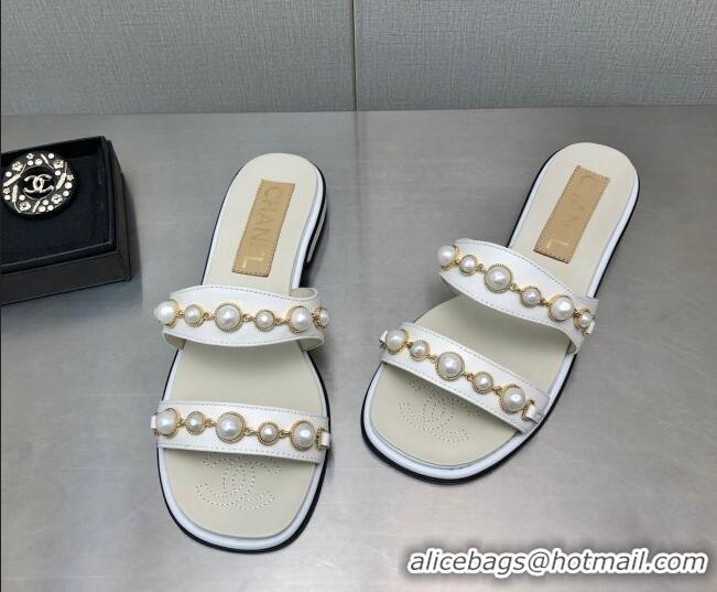 Good Quality Chanel Leather Flat Slide Sandals with Pearls Charm G37439 White