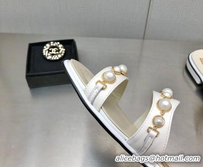 Good Quality Chanel Leather Flat Slide Sandals with Pearls Charm G37439 White