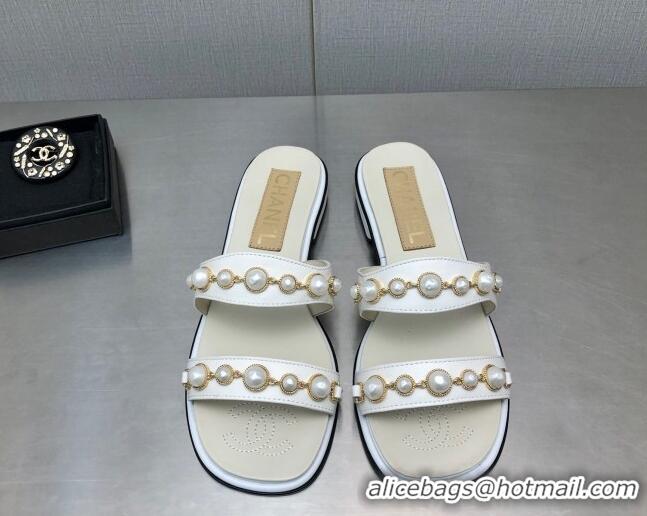 Good Quality Chanel Leather Flat Slide Sandals with Pearls Charm G37439 White