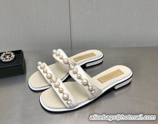 Good Quality Chanel Leather Flat Slide Sandals with Pearls Charm G37439 White