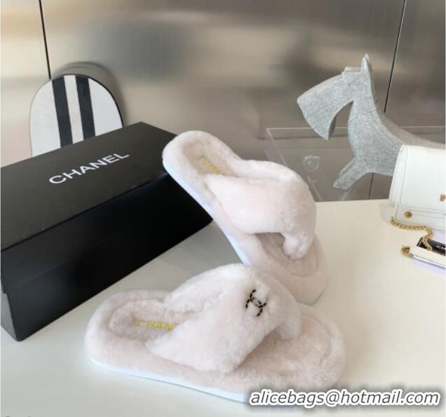 Best Grade Chanel Shearling Flat Thong Sandals White 080922 