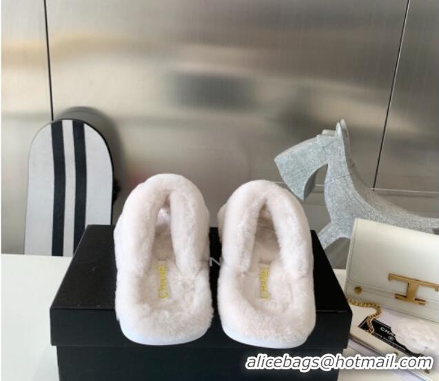 Best Grade Chanel Shearling Flat Thong Sandals White 080922 