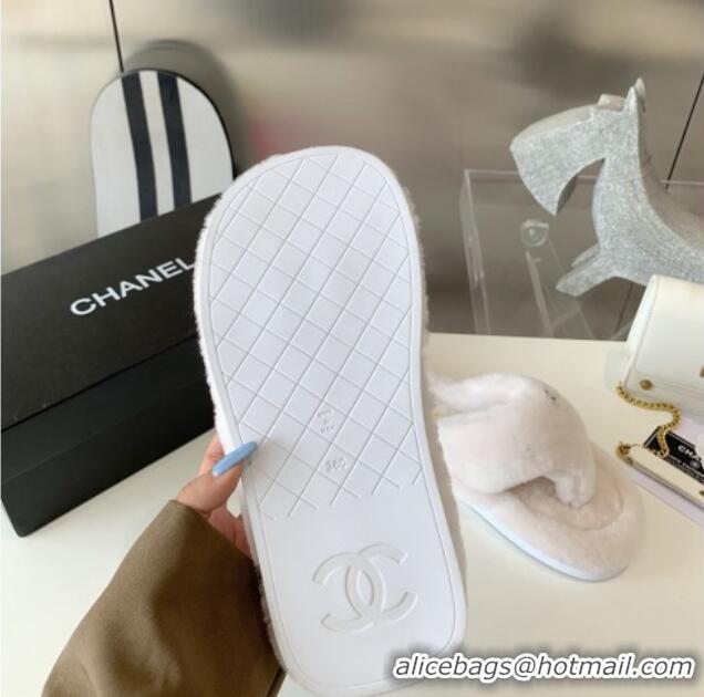 Best Grade Chanel Shearling Flat Thong Sandals White 080922 