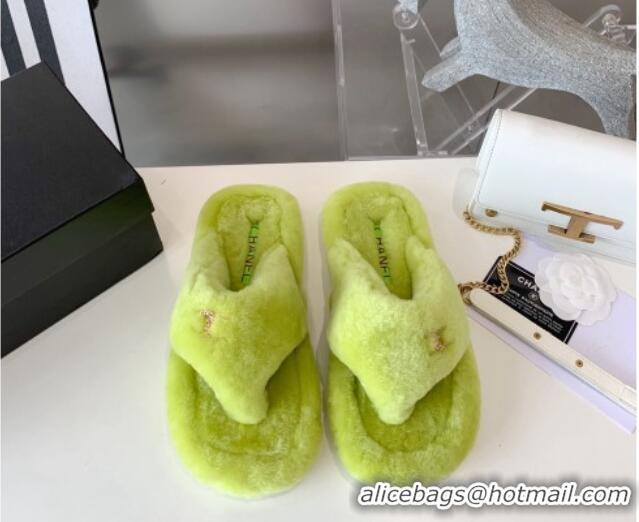 Crafted Chanel Shearling Flat Thong Sandals 2080922 Green