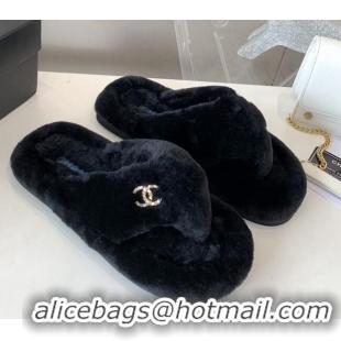 Top Grade Chanel Shearling Flat Thong Sandals 2080922 Black