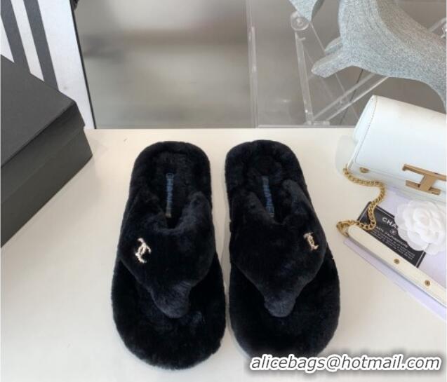 Top Grade Chanel Shearling Flat Thong Sandals 2080922 Black