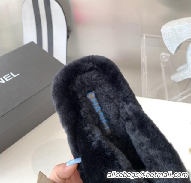 Top Grade Chanel Shearling Flat Thong Sandals 2080922 Black