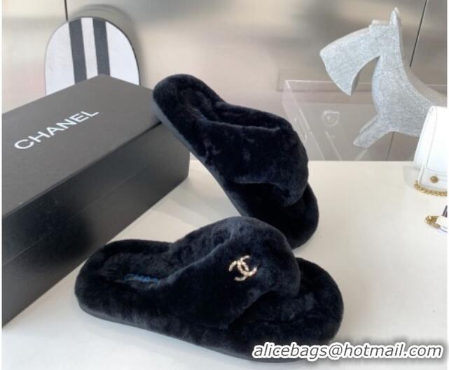 Top Grade Chanel Shearling Flat Thong Sandals 2080922 Black