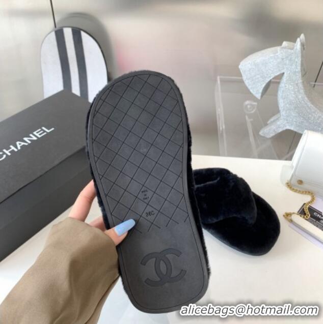 Top Grade Chanel Shearling Flat Thong Sandals 2080922 Black