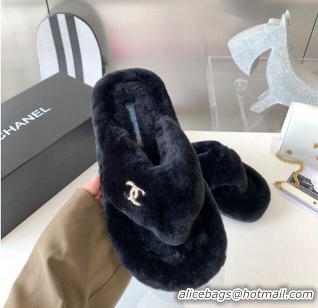 Top Grade Chanel Shearling Flat Thong Sandals 2080922 Black