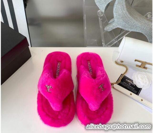 Luxurious Chanel Shearling Flat Thong Sandals 2080922 Dark Pink