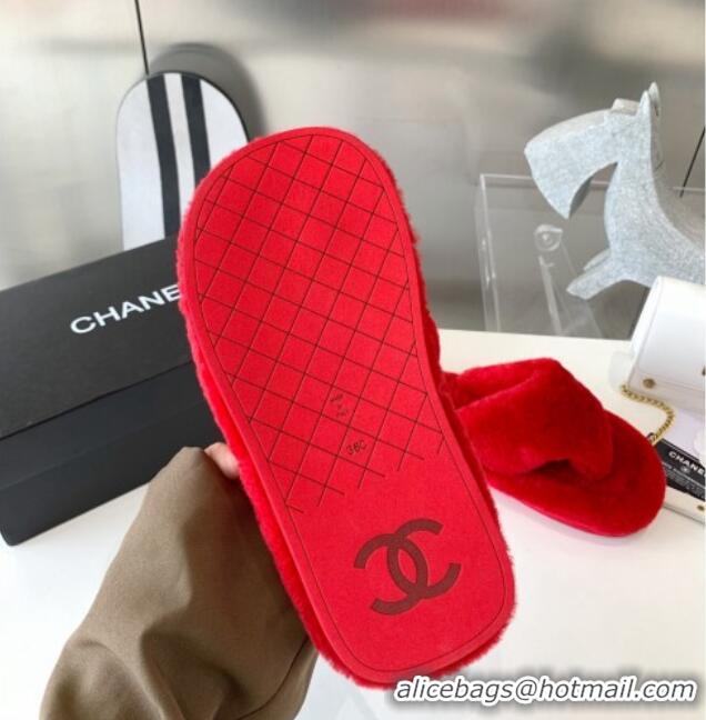 Charming Chanel Shearling Flat Thong Sandals 2080922 Red