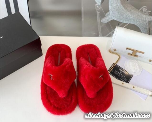 Charming Chanel Shearling Flat Thong Sandals 2080922 Red