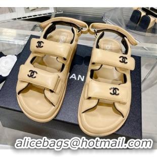 Luxury Chanel Lambskin Pillow Flat Strap Flat Sandals Apricot 081225