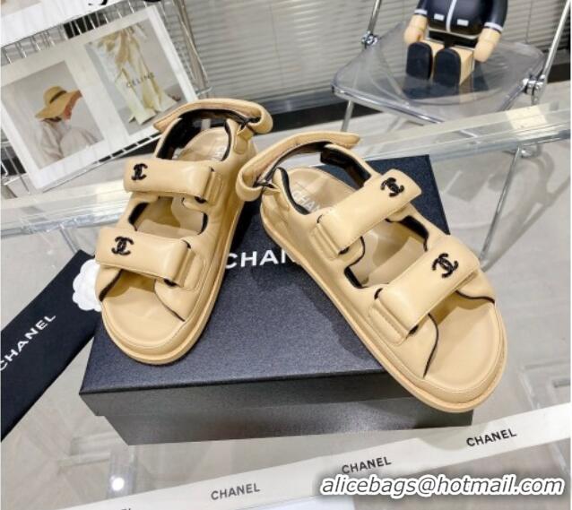 Luxury Chanel Lambskin Pillow Flat Strap Flat Sandals Apricot 081225