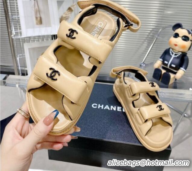 Luxury Chanel Lambskin Pillow Flat Strap Flat Sandals Apricot 081225