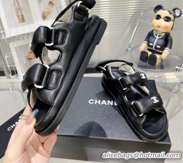 Good Product Chanel Lambskin Pillow Flat Strap Flat Sandals 081225 Black