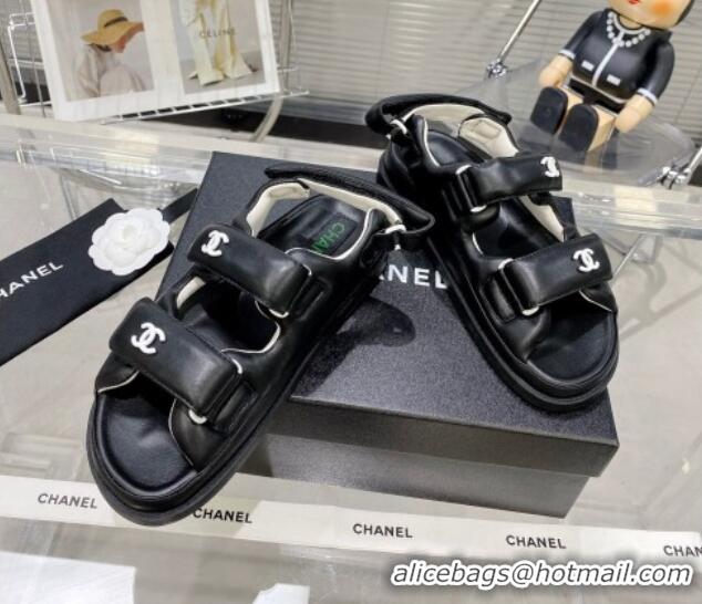 Good Product Chanel Lambskin Pillow Flat Strap Flat Sandals 081225 Black