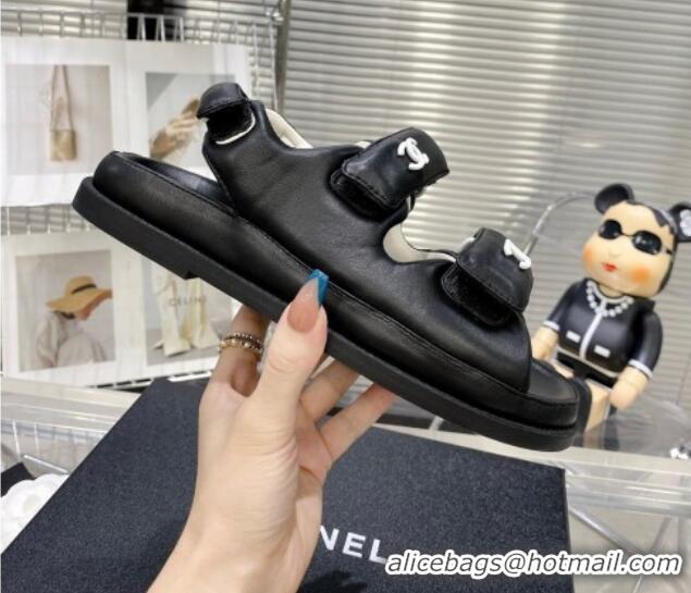 Good Product Chanel Lambskin Pillow Flat Strap Flat Sandals 081225 Black