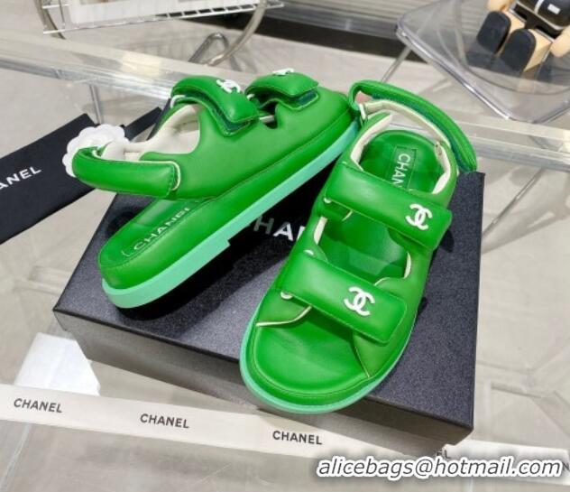 Pretty Style Chanel Lambskin Pillow Flat Strap Flat Sandals 081225 Green